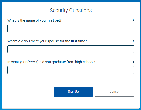 Screenshot of Security Questions page